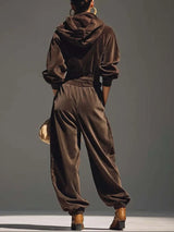 Vintage Brown Velvet Hoodie and Loose Trouser Set (Including Belt)