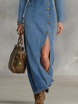 Agape | V-neck Single Button Side Split Denim Long Sleeve Maxi Dress