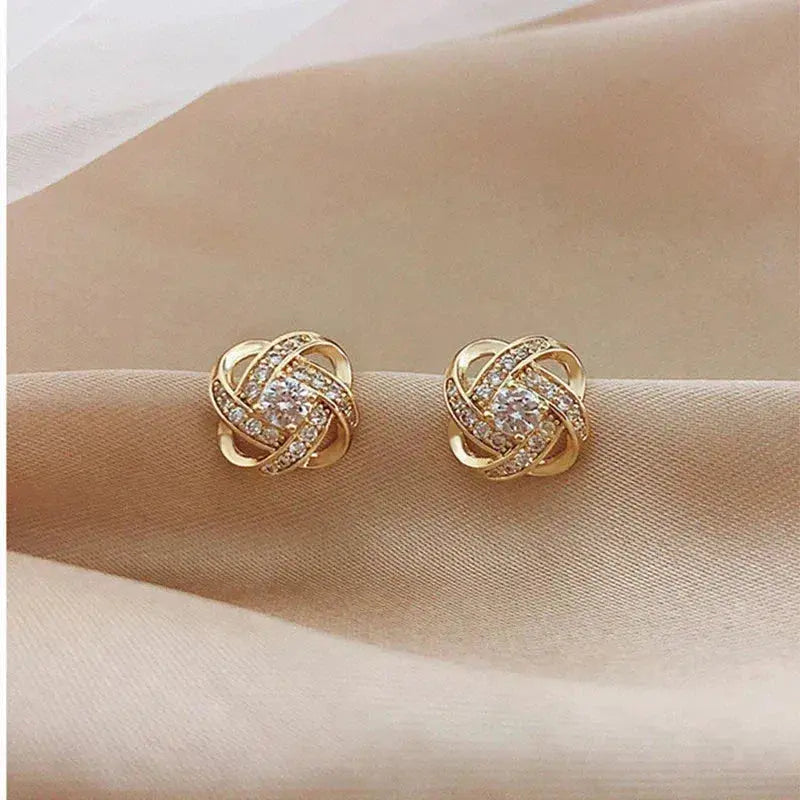 Golden Spiral Flower Crystal Stud Earrings