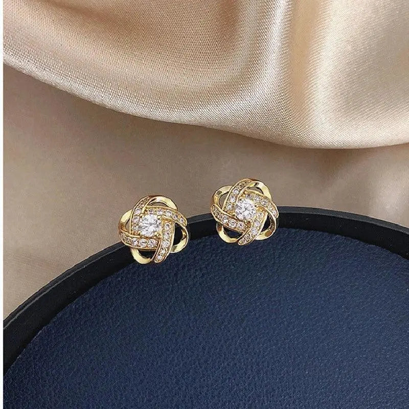 Golden Spiral Flower Crystal Stud Earrings