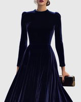 Liora™ | Navy Blue Midi Dress with Long Sleeves