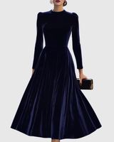 Liora™ | Navy Blue Midi Dress with Long Sleeves