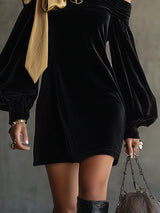 Black Velvet and Gold Satin Patchwork Off-Shoulder Mini Dress