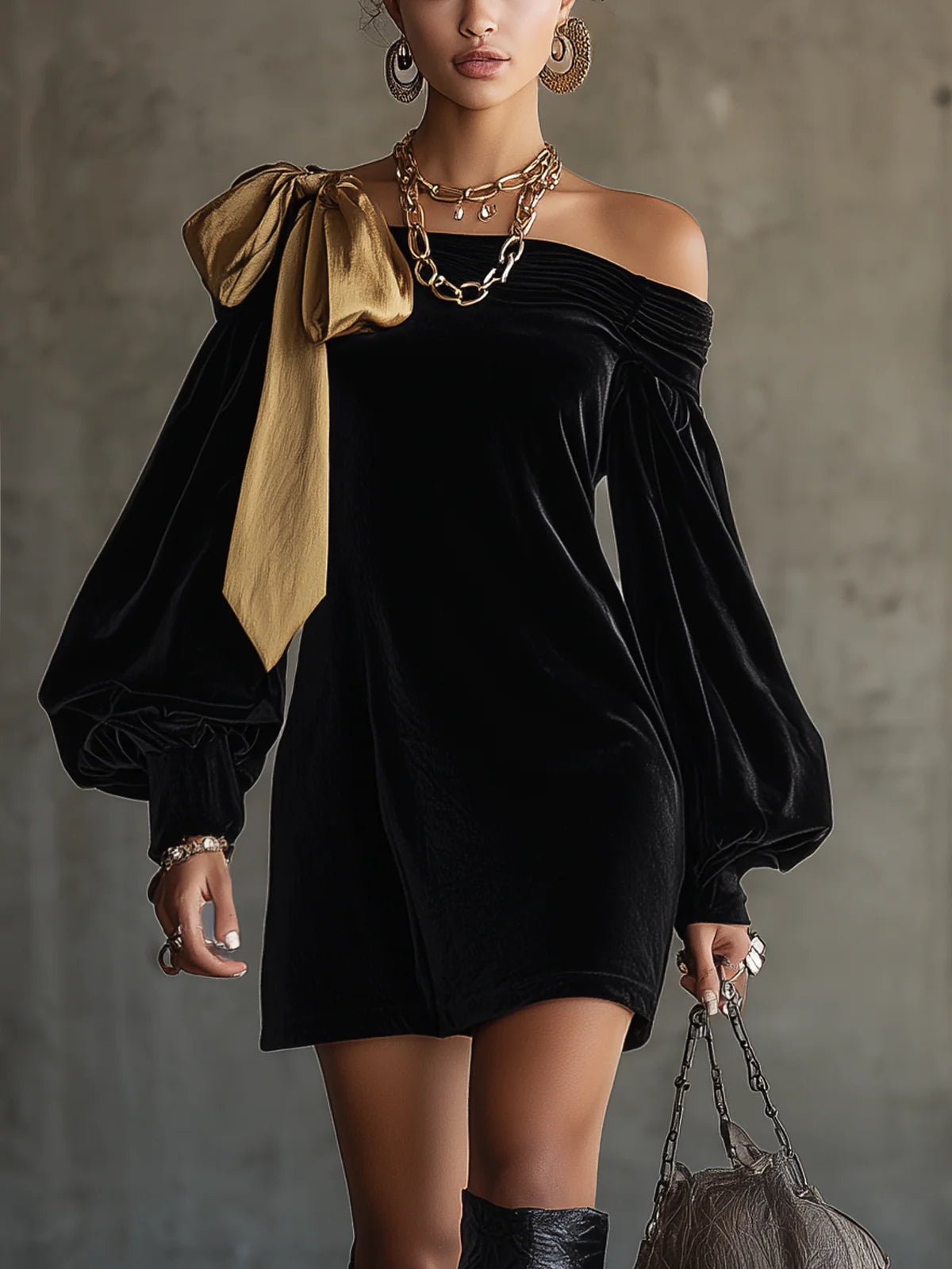 Black Velvet and Gold Satin Patchwork Off-Shoulder Mini Dress