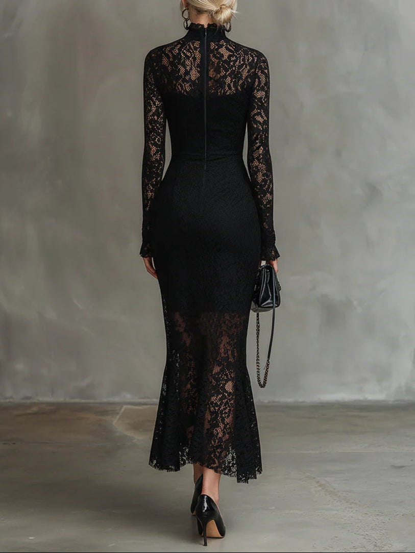 Elegant black stretch lace fishtail maxi dress