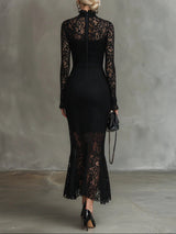 Elegant black stretch lace fishtail maxi dress