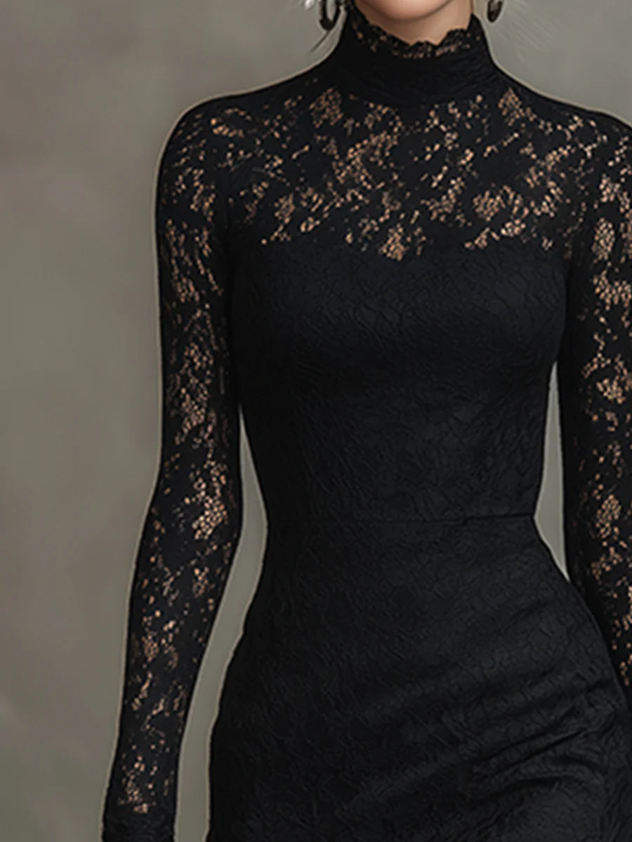 Elegant black stretch lace fishtail maxi dress