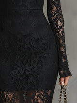 Elegant black stretch lace fishtail maxi dress