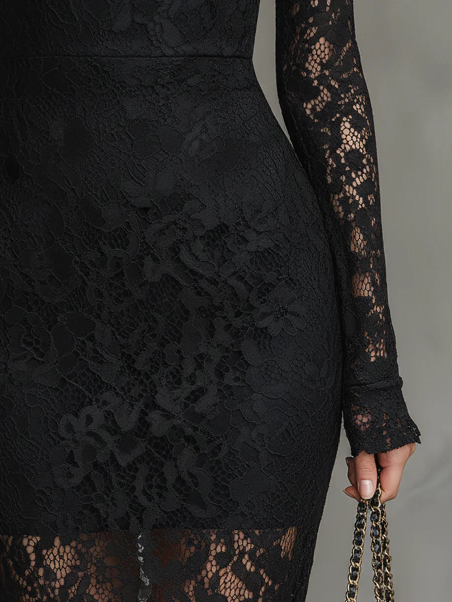 Elegant black stretch lace fishtail maxi dress