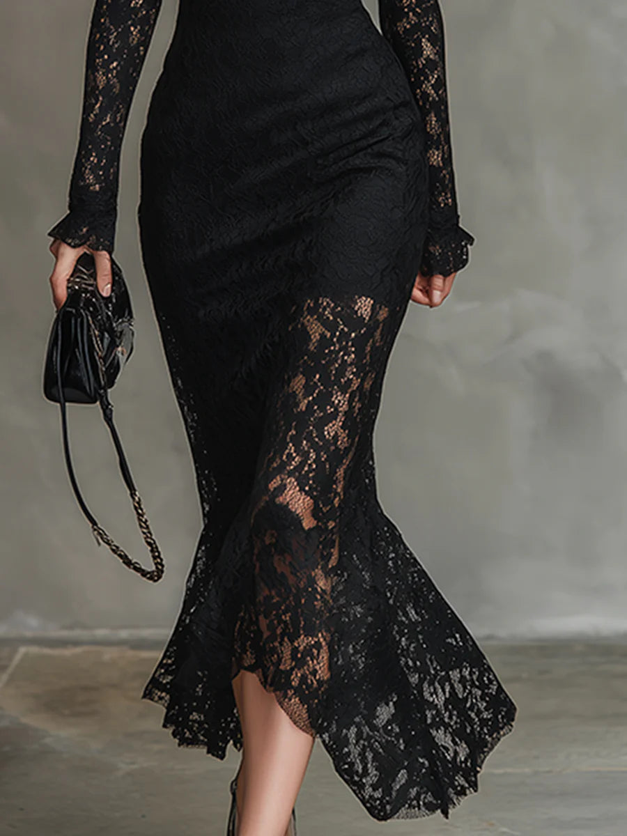 Elegant black stretch lace fishtail maxi dress