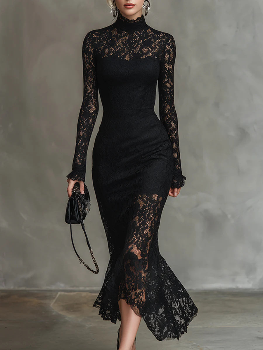 Elegant black stretch lace fishtail maxi dress