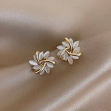 Golden Leaf White Opal Stud Earrings