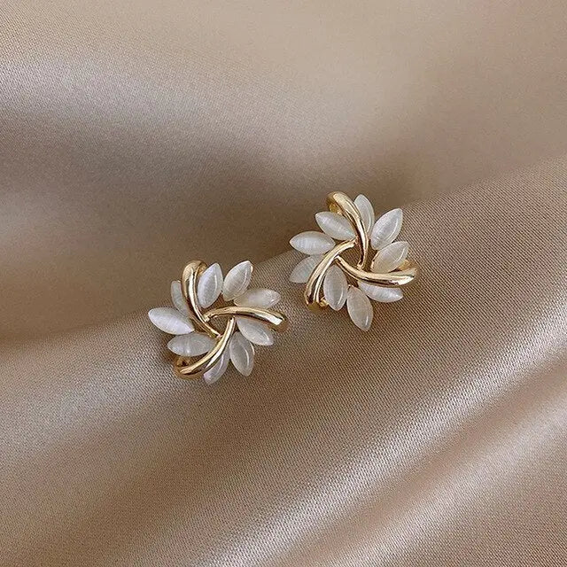 Golden Leaf White Opal Stud Earrings