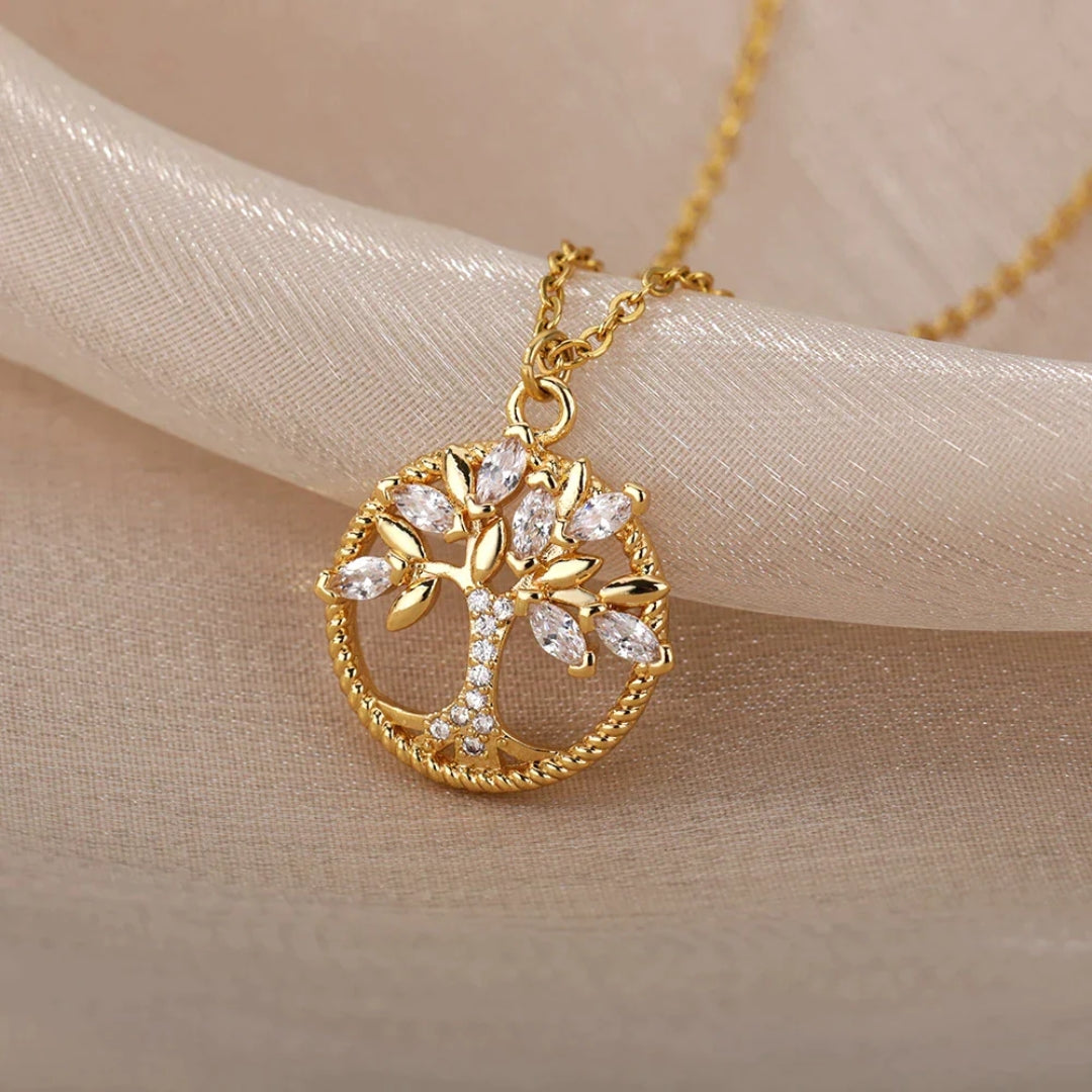 Golden Tree of Life Crystal Pendant Necklace