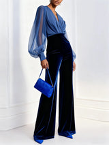 Blue mesh V-neck long sleeve velvet jumpsuit