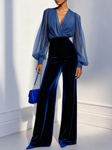 Blue mesh V-neck long sleeve velvet jumpsuit
