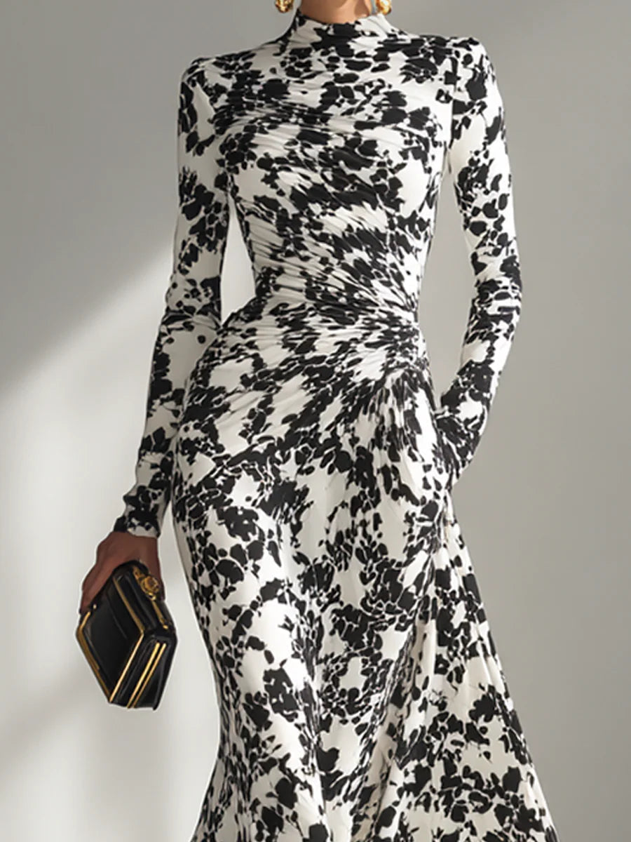 Black and White Pattern Stretch Mix Wrap Dress