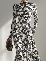 Black and White Pattern Stretch Mix Wrap Dress