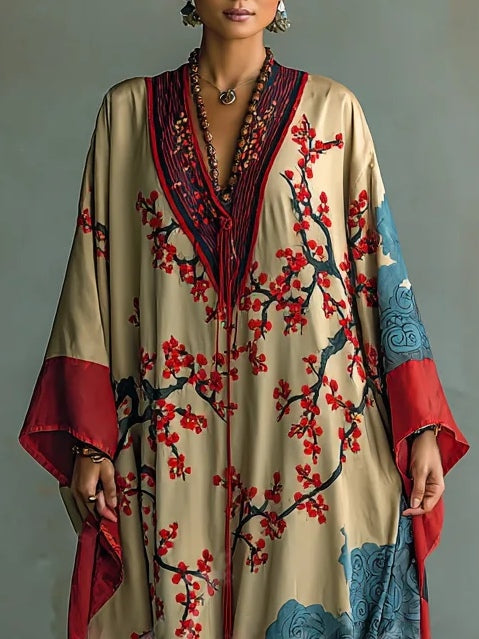Japanese Red Plum Blossom Maxi Dress with Batwing Sleeves