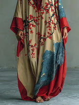 Japanese Red Plum Blossom Maxi Dress with Batwing Sleeves