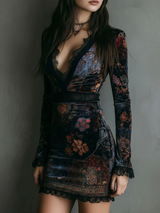 Floral Print V-Neck Velvet Lace Trim Slim-Fit Mini Dress