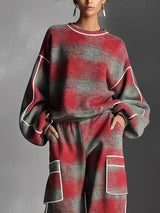 Red and Grey Checked Colour-Blocked Sweatshirt and Casual Trouser Two-Piece Set