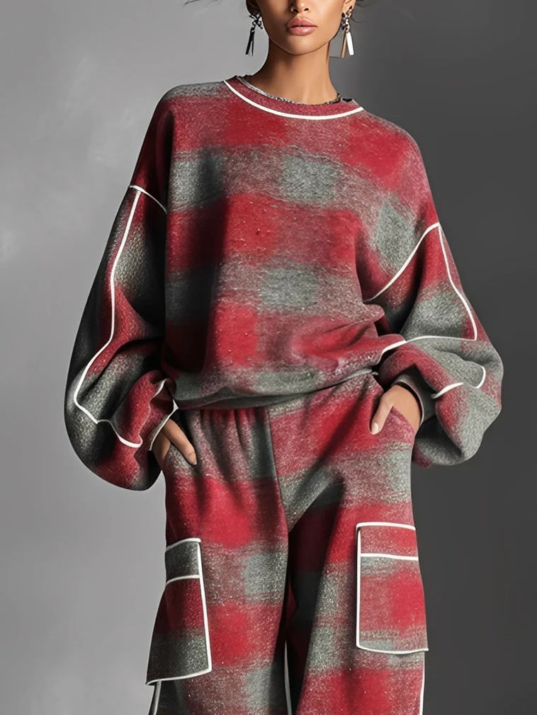 Red and Grey Checked Colour-Blocked Sweatshirt and Casual Trouser Two-Piece Set