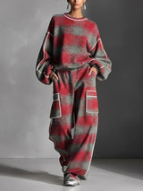 Red and Grey Checked Colour-Blocked Sweatshirt and Casual Trouser Two-Piece Set
