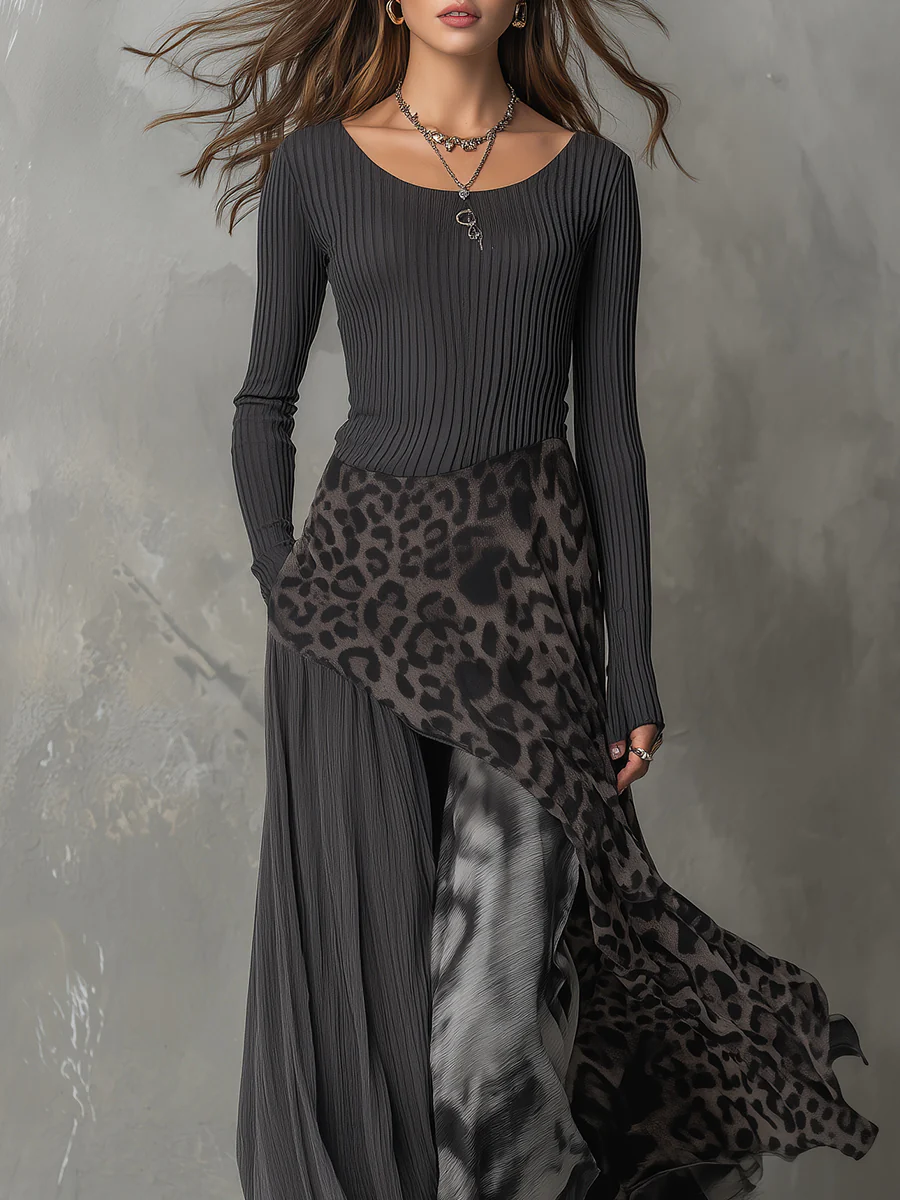 Grey Pit Stripe Leopard Print Splicing Asymmetric Hem Maxi Dress