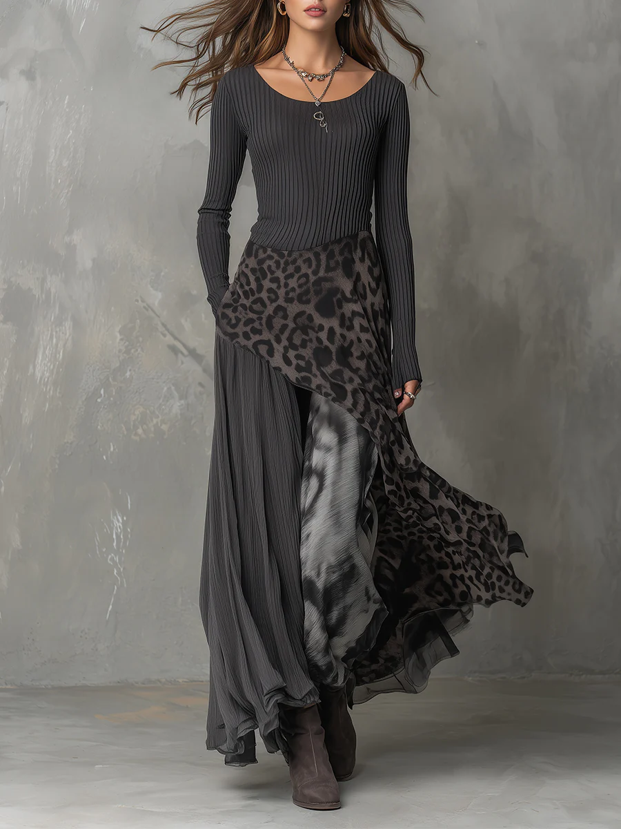Grey Pit Stripe Leopard Print Splicing Asymmetric Hem Maxi Dress