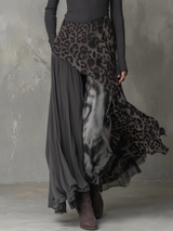 Grey Pit Stripe Leopard Print Splicing Asymmetric Hem Maxi Dress