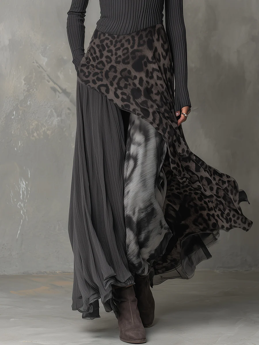 Grey Pit Stripe Leopard Print Splicing Asymmetric Hem Maxi Dress