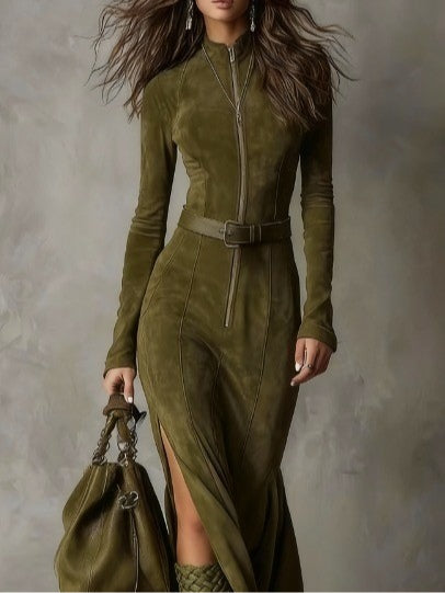 Evelyn | Suede Dress with Belt and Zip