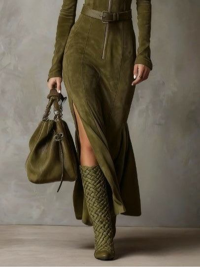 Evelyn | Suede Dress with Belt and Zip