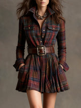 Vintage Collar Red and Brown Check Mini Dress (Includes belt)
